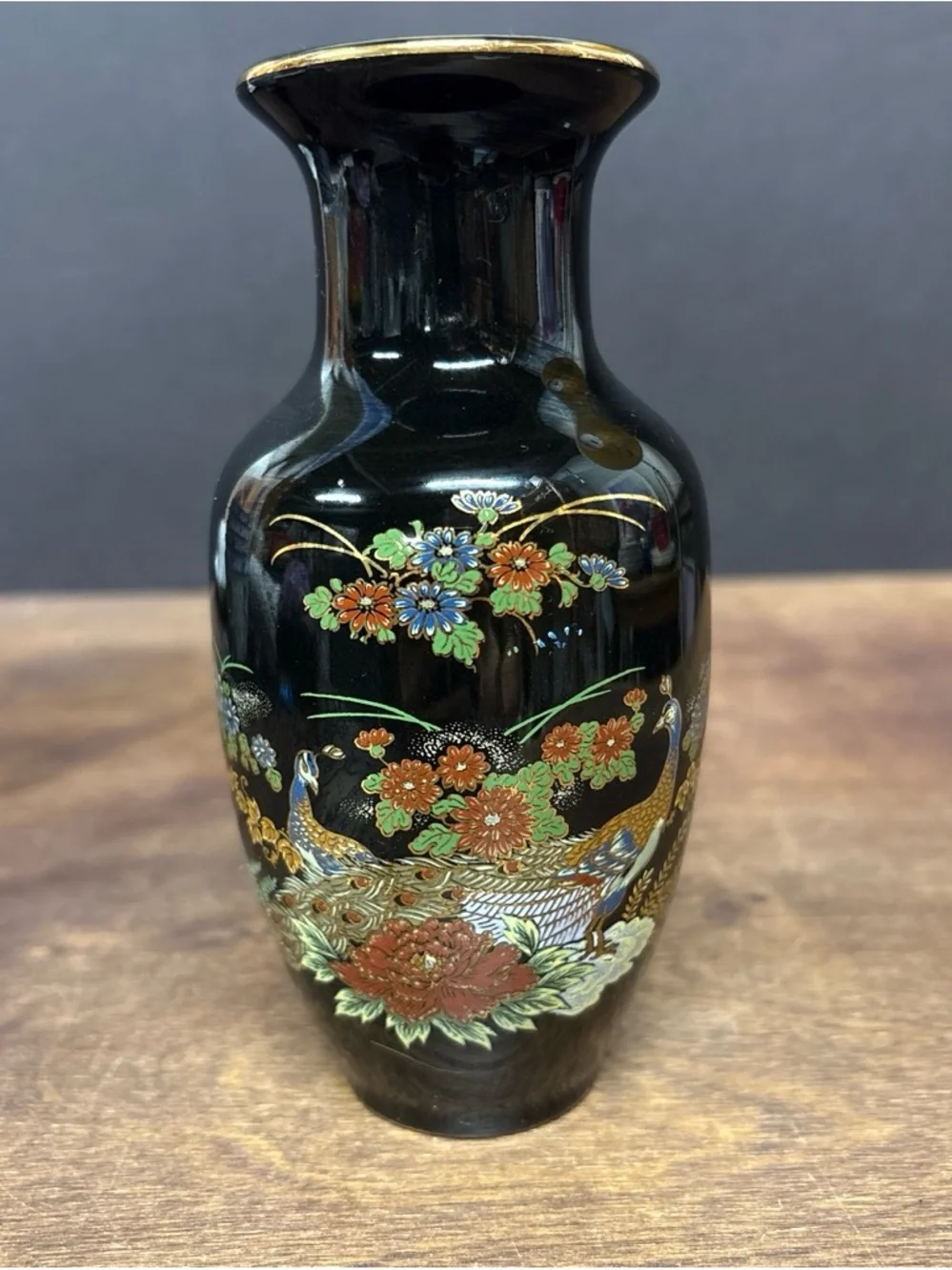 Japan Black Cloisonné Style Ceramic Small Vase with Floral and Peacock Design